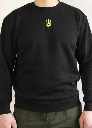 Свитшот мужской осенний материал - хлопок черный (размер s) с вышитым тризубом желтого цвета