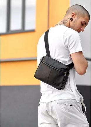 Мужская сумка мессенджер из кожи sambag makros черная4 фото