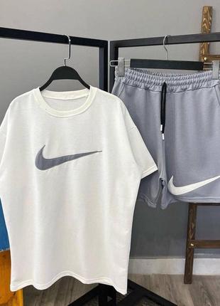 Костюм спортивный в стиле nike футболка шорты белый серый двухнить3 фото