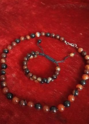 Набор шамбала - бусы, браслет, 100% нат. камень сердолик темный