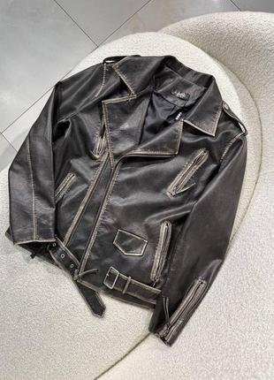 Куртка косуха вінтажна графіт чорна подовжена еко шкіра6 фото