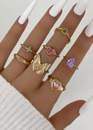 Набор колец золотисте кольца колечка с кристалами розовый камень кольцо с сердечком бабочкой звездочкой