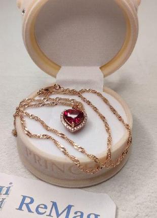 Женское колье "рубиновое сердце серебро с позолотой и цирконами" солидный подарок девушке в бархатном футляре3 фото