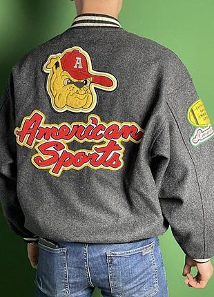 American sports винтажный серый шерстяной бомбер с аппликацией