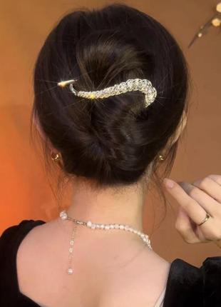 Шпилька-краб металева золотистий з камінням, затискач для волосся, аксесуар для волосся, шпилька.2 фото