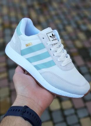 Женские кроссовки adidas iniki белые с серым бирюзовые полоски модные кроссовки адидас иники для девушки