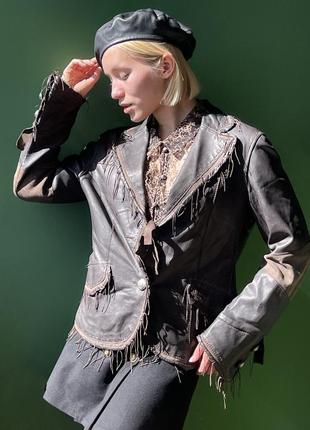 Вінтажний ексклюзивний шкіряний коричневий жакет піджак з бахромою8 фото