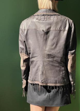 Винтажный эксклюзивный кожаный коричневый жакет пиджак с бахромой6 фото