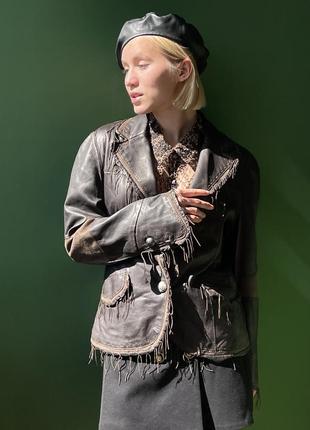 Винтажный эксклюзивный кожаный коричневый жакет пиджак с бахромой9 фото