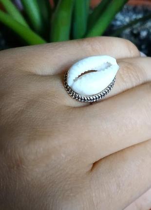 Кольцо колечко каури ракушка под серебро лето тренд2 фото