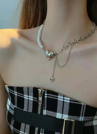 Модная трендовая стильная подвеска цепь ланцюжок кулон ожерелье с жемчугом и сердечком подвеска в стиле панк рок хип хоп в серебре намисто2 фото