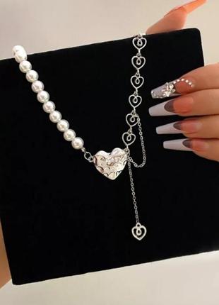 Модная трендовая стильная подвеска цепь ланцюжок кулон ожерелье с жемчугом и сердечком подвеска в стиле панк рок хип хоп в серебре4 фото