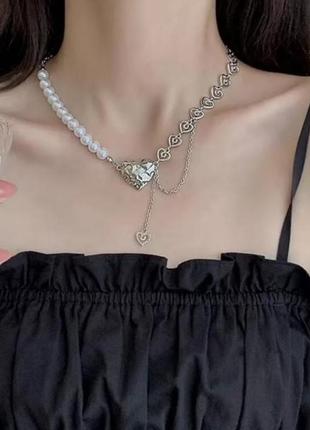 Модная трендовая стильная подвеска цепь ланцюжок кулон ожерелье с жемчугом и сердечком подвеска в стиле панк рок хип хоп в серебре5 фото