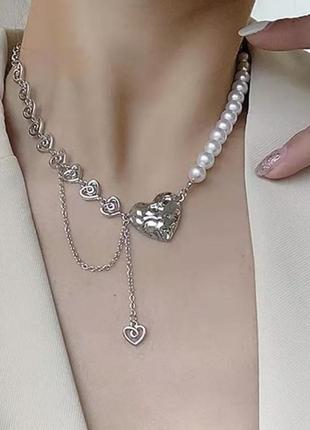 Модная трендовая стильная подвеска цепь ланцюжок кулон ожерелье с жемчугом и сердечком подвеска в стиле панк рок хип хоп в серебре7 фото