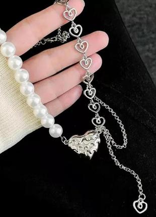 Модная трендовая стильная подвеска цепь ланцюжок кулон ожерелье с жемчугом и сердечком подвеска в стиле панк рок хип хоп в серебре6 фото