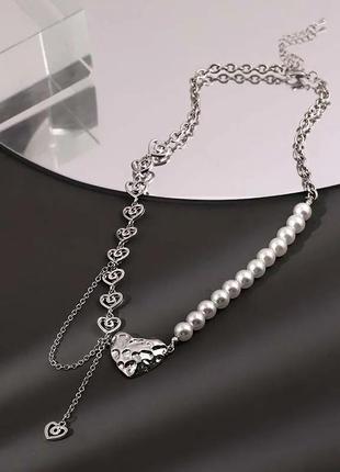 Модная трендовая стильная подвеска цепь ланцюжок кулон ожерелье с жемчугом и сердечком подвеска в стиле панк рок хип хоп в серебре9 фото