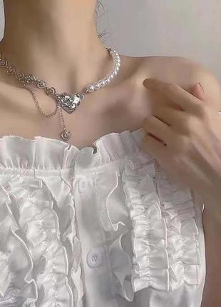 Модная трендовая стильная подвеска цепь ланцюжок кулон ожерелье с жемчугом и сердечком подвеска в стиле панк рок хип хоп в серебре8 фото