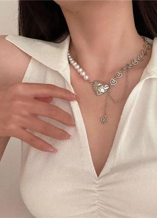 Модная трендовая стильная подвеска цепь ланцюжок кулон ожерелье с жемчугом и сердечком подвеска в стиле панк рок хип хоп в серебре3 фото