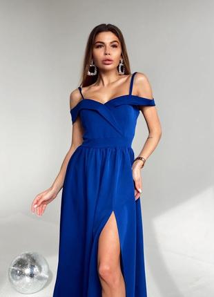Элегантное вечернее / выпускное синее платье макси с разрезом на ноге5 фото