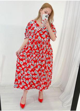 Красное платье в цветочный принт1 фото