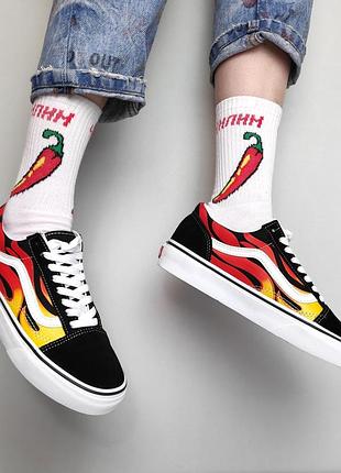 Vans old skool black fire вогняні чорні низькі кеди чоловічі жіночі вогонь принт огненные черные кеды венс олдскул пламя женские мужские унисекс3 фото