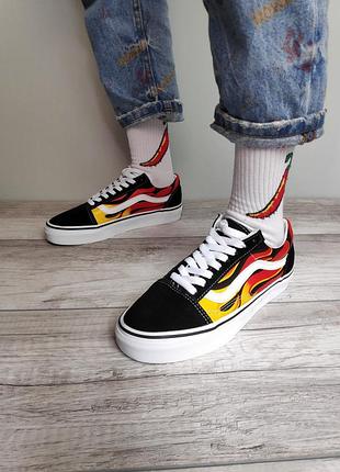 Vans old skool black fire вогняні чорні низькі кеди чоловічі жіночі вогонь принт огненные черные кеды венс олдскул пламя женские мужские унисекс5 фото