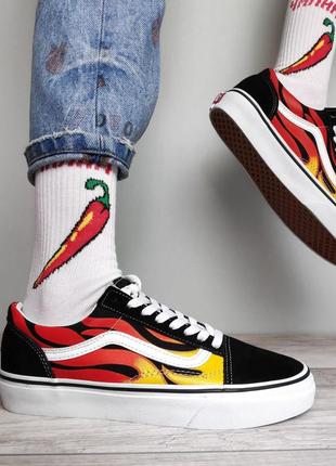 Vans old skool black fire вогняні чорні низькі кеди чоловічі жіночі вогонь принт огненные черные кеды венс олдскул пламя женские мужские унисекс2 фото