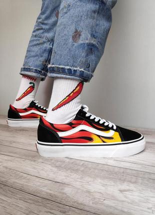 Vans old skool black fire вогняні чорні низькі кеди чоловічі жіночі вогонь принт огненные черные кеды венс олдскул пламя женские мужские унисекс4 фото