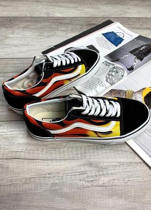 Vans old skool black fire вогняні чорні низькі кеди чоловічі жіночі вогонь принт огненные черные кеды венс олдскул пламя женские мужские унисекс6 фото