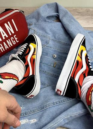 Vans old skool black fire вогняні чорні низькі кеди чоловічі жіночі вогонь принт огненные черные кеды венс олдскул пламя женские мужские унисекс7 фото