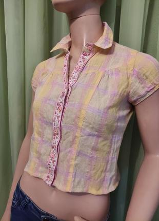 Топ, рубашка, блузка стрейч желто розовая клетка с блестящей нитью