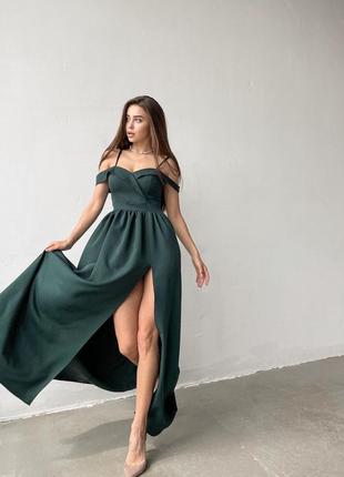 Элегантное зеленое платье с разрезом выпускное / вечернее4 фото