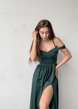 Элегантное зеленое платье с разрезом выпускное / вечернее6 фото