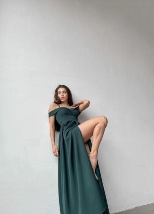 Элегантное зеленое платье с разрезом выпускное / вечернее8 фото