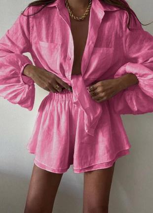 Женский деловой повседневный стильный классный классический удобный модный трендовый костюм модный шорты шортики и топ топик розовый