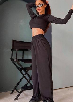 Костюм женский черный однотонный топ на длинный брюки свободного кроя на высокой посадке качественный, стильный базовый