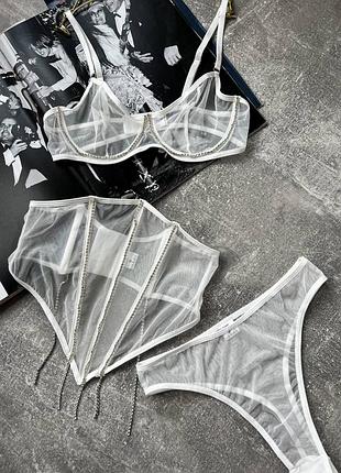 Комплект білизни з мікросіточки з корсетним поясом, білизна бюст, пояс-корсет і трусики, прозора зваблива білизна з прикрасами