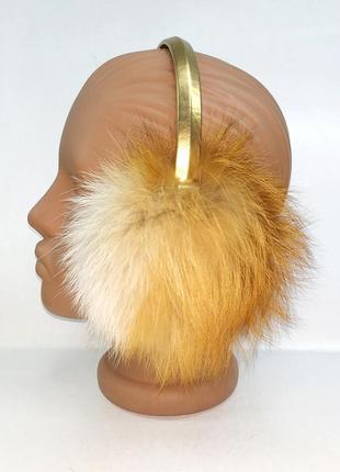 Меховые наушники женские на золотом ободке рыжые