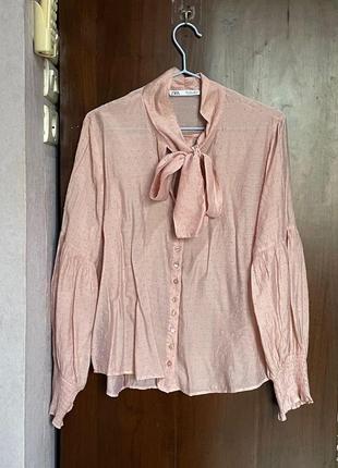 Розовая пудровая блуза блузка с бантом zara7 фото