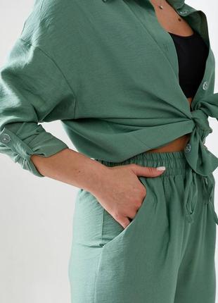 Стильный льняной брючный костюм двойка с рубашкой6 фото