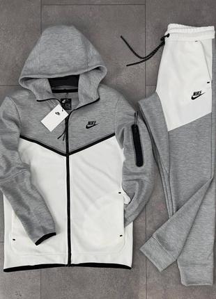 Брендовий чоловічий костюм/якісний костюм nike tech fleece в сіро-білому кольорі