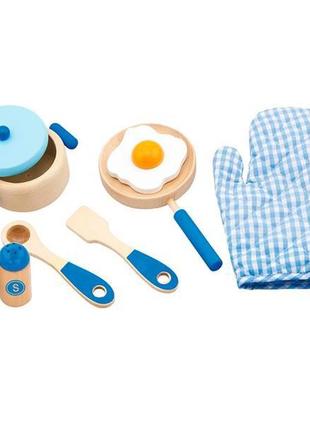 Дитячий кухонний набір viga toys іграшковий посуд із дерева, блакитний (50115) ll