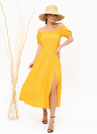 Льняное платье миди с открытыми плечами и разрезом 3 цвета