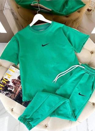 Женский костюм классический спортивный спорт повседневный удобный качественный брюки штанишки и и + футболка зеленый