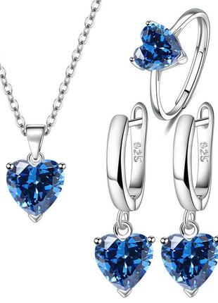 Набор серьги, кольцо и колье "сердечки голубой топаз в серебре" солидный подарок в коробочке для девушки