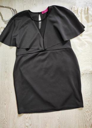 Черное вечернее нарядное короткое платье миди вырез декольте сетка кейп рукава стрейч1 фото