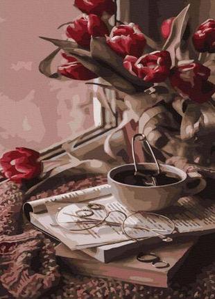 Картина по номерам "тюльпаны и чай"1 фото