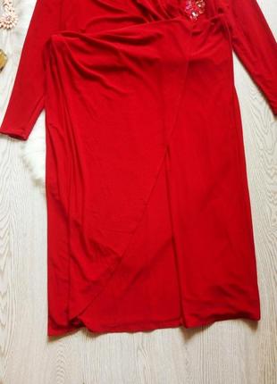 Червоне ошатне вечірнє плаття в підлогу з довгим рукавом із паєтками батал великий розмір4 фото