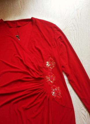 Красное нарядное вечернее платье в пол с длинным рукавом с пайетками батал большой размер6 фото