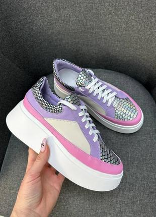 Эксклюзивные кроссовки из натуральной итальянской кожи и замша женские на платформе